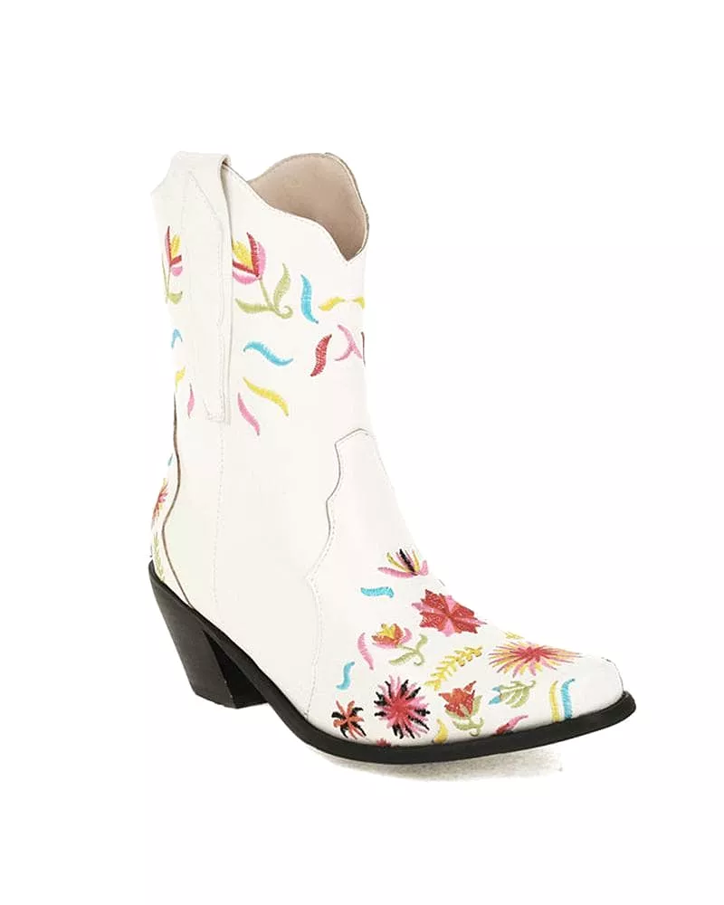 Women's Fashion Floral Embroidery Chunky Heel Cowboy Boots