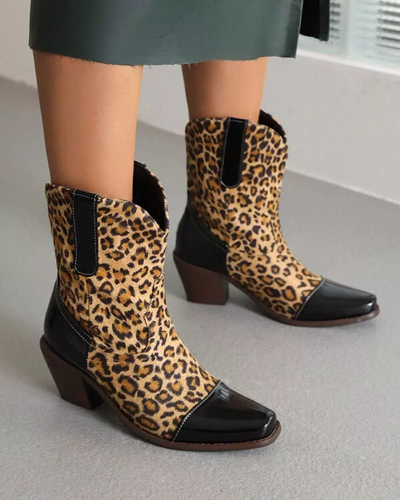 Women's Fashion Leopard Print Chunky Heel Boots