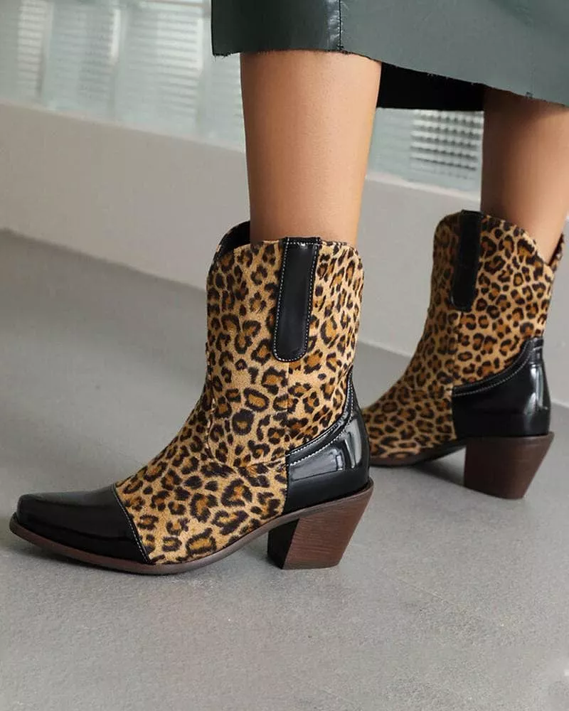 Women's Fashion Leopard Print Chunky Heel Boots