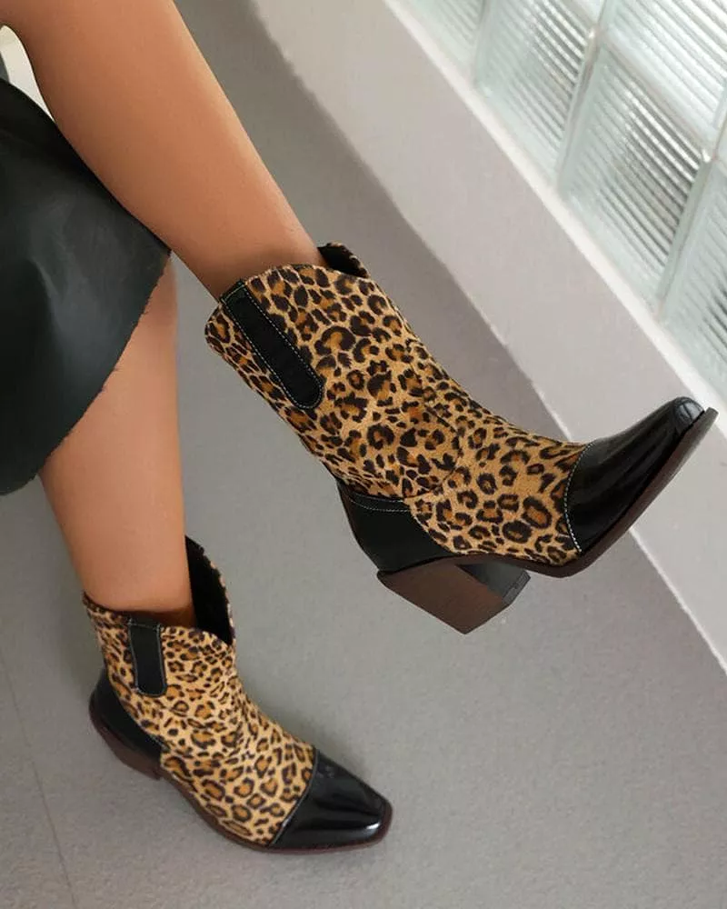 Women's Fashion Leopard Print Chunky Heel Boots