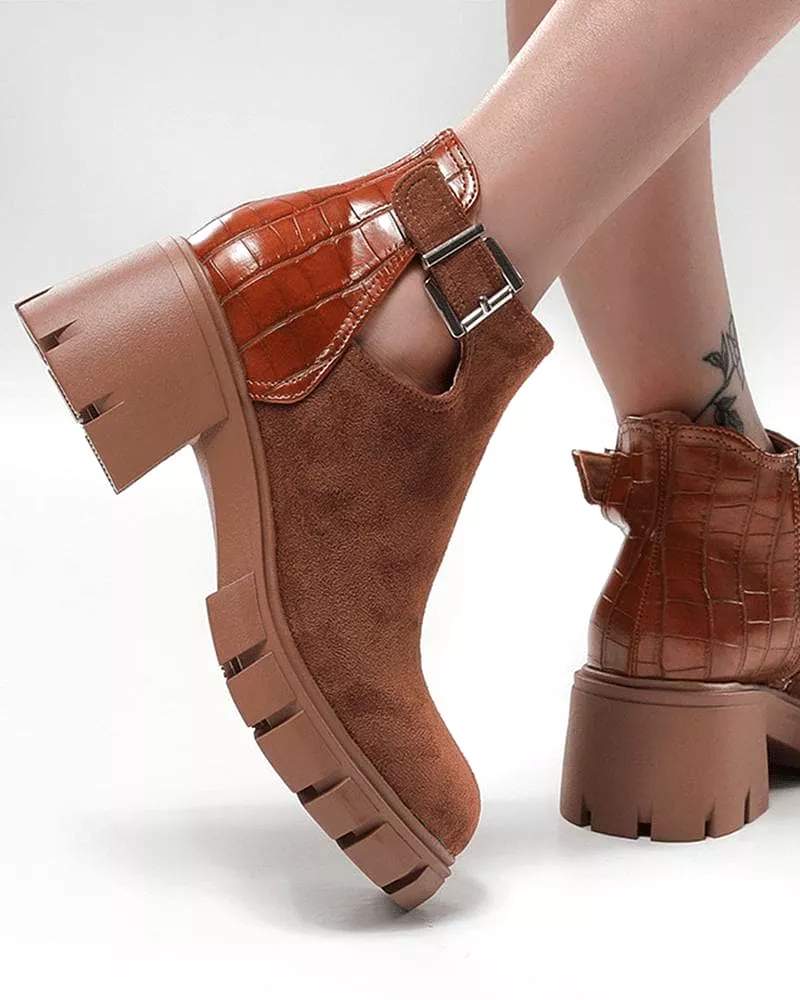 Women's Fashion Outdoor  Color-Blocking  Buckle Chunky Heel Ankle Boots