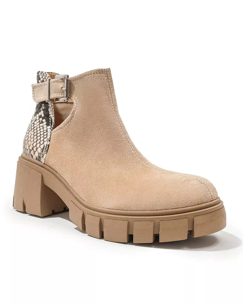 Women's Fashion Outdoor  Color-Blocking  Buckle Chunky Heel Ankle Boots