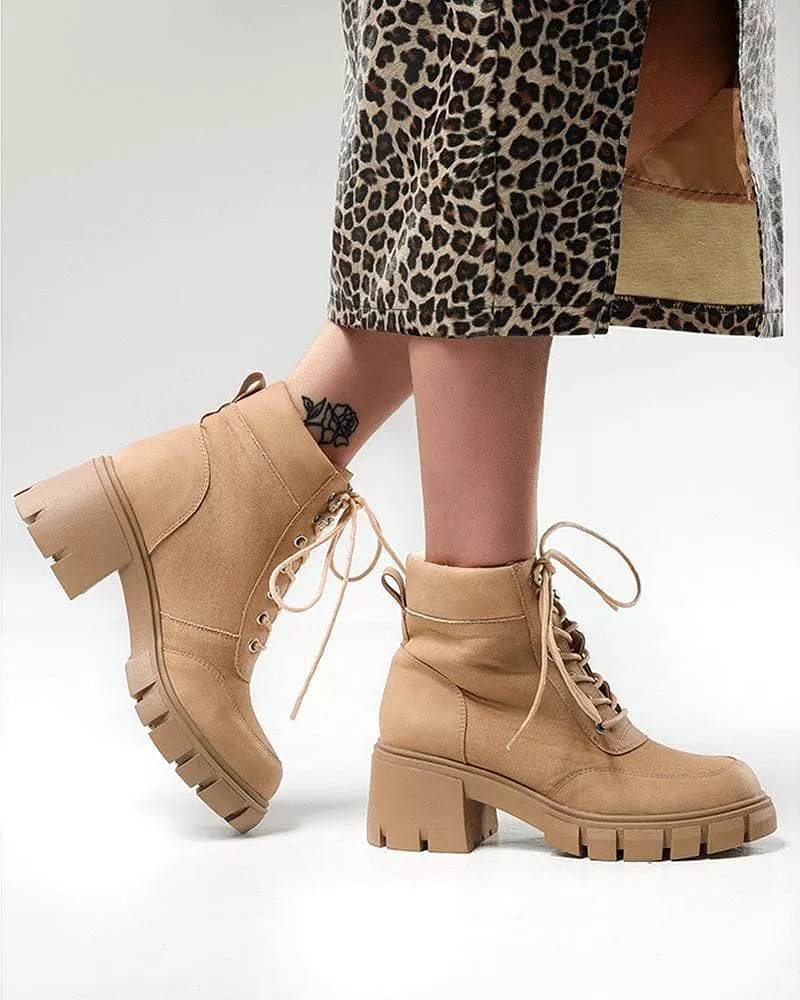 Women's Fashion Outdoor Solid Color Lace-up Chunky Heel Ankle Boots