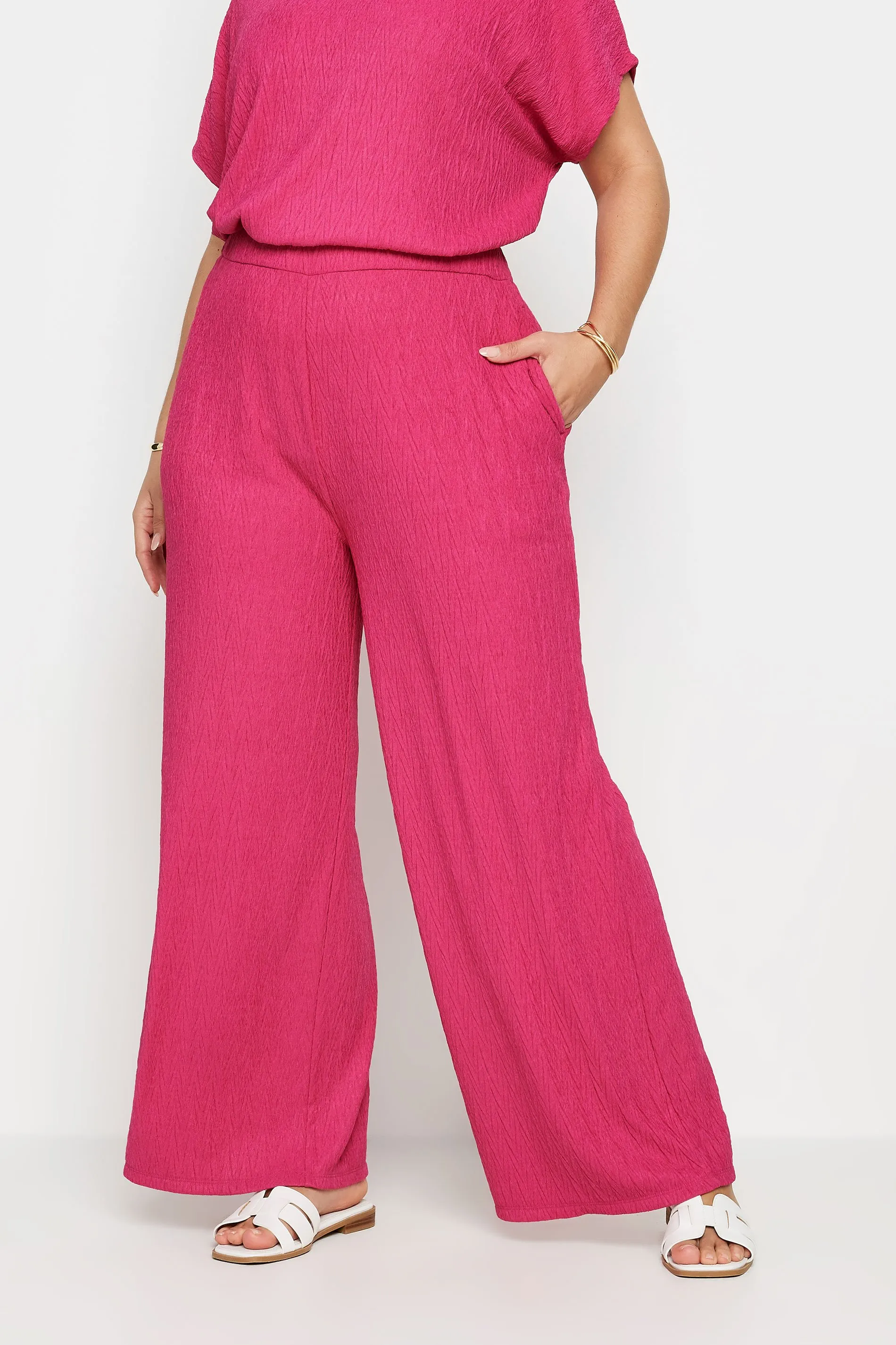 YOURS Curve Pink Crinkle Plisse Wide Leg Trousers