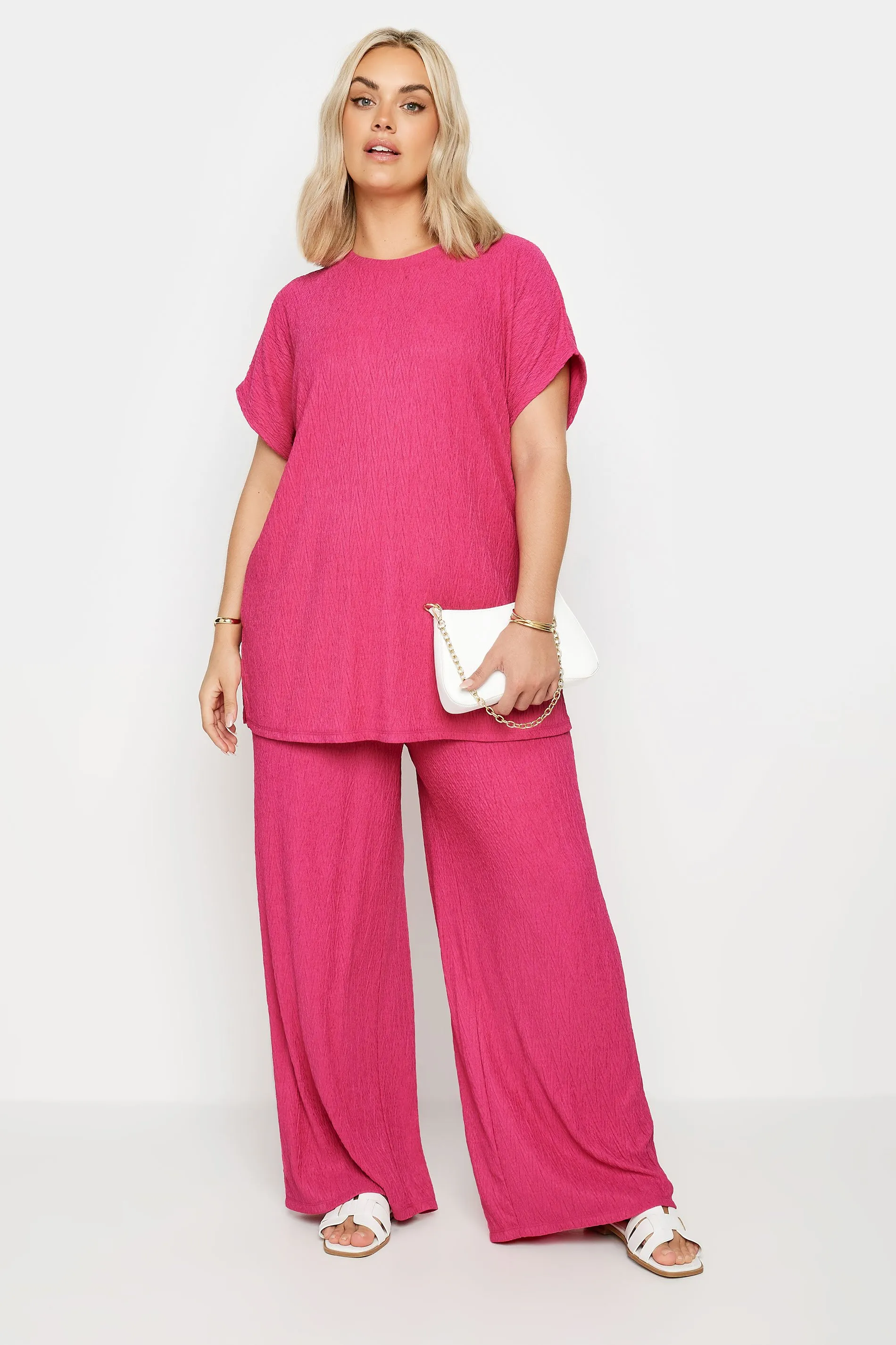 YOURS Curve Pink Crinkle Plisse Wide Leg Trousers