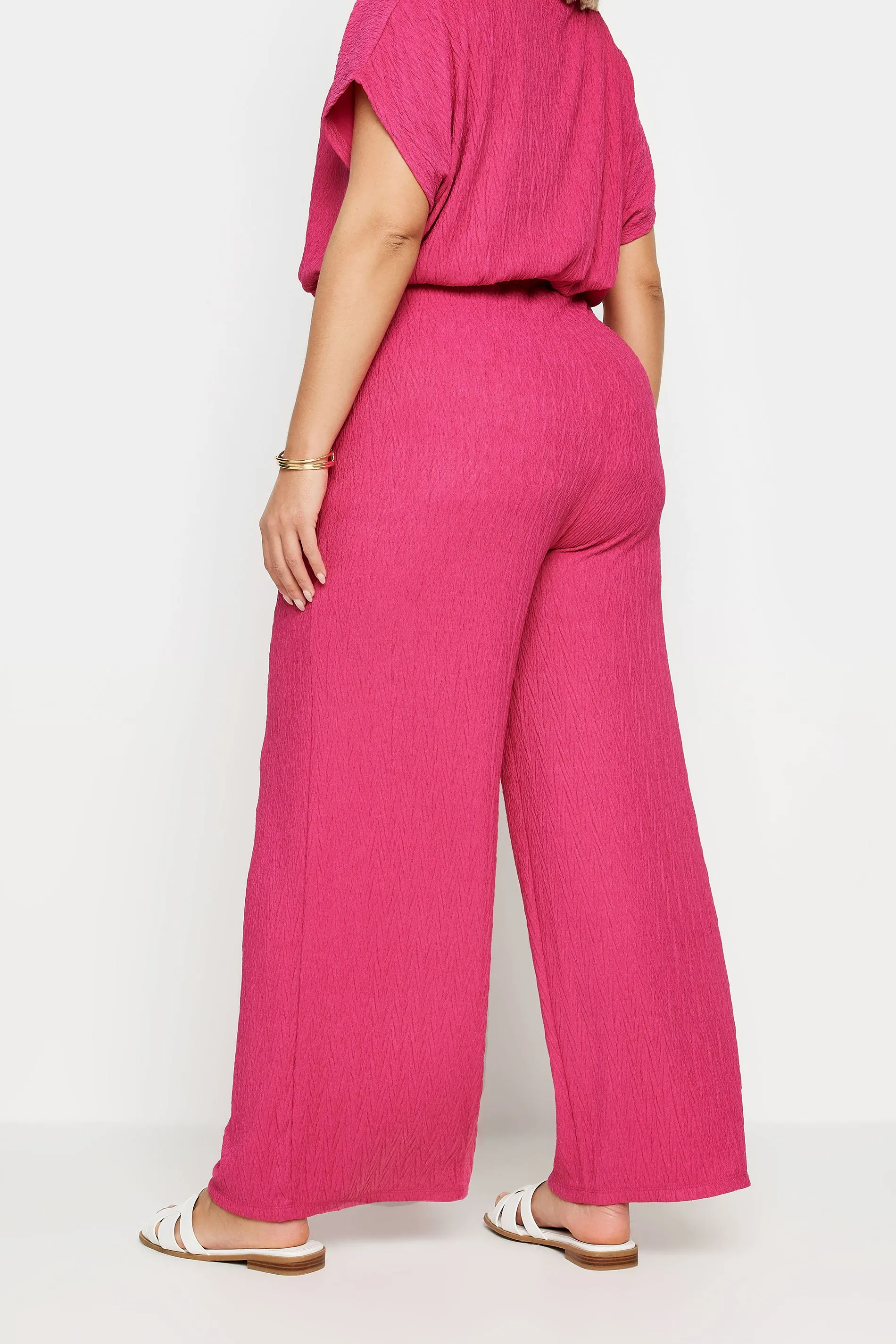 YOURS Curve Pink Crinkle Plisse Wide Leg Trousers